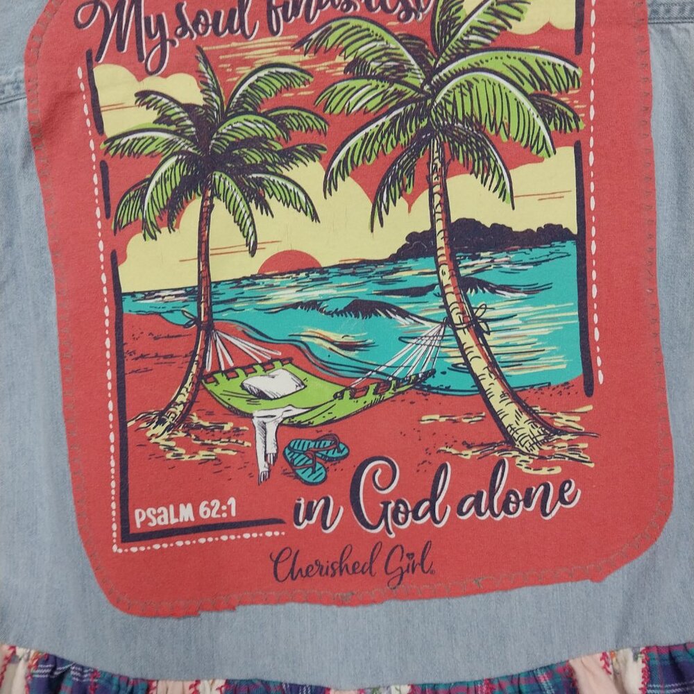 3168 Size XL Port & Company Jean Upcycled Button Down Tunic In Purple and Green - Picture 6 of 7